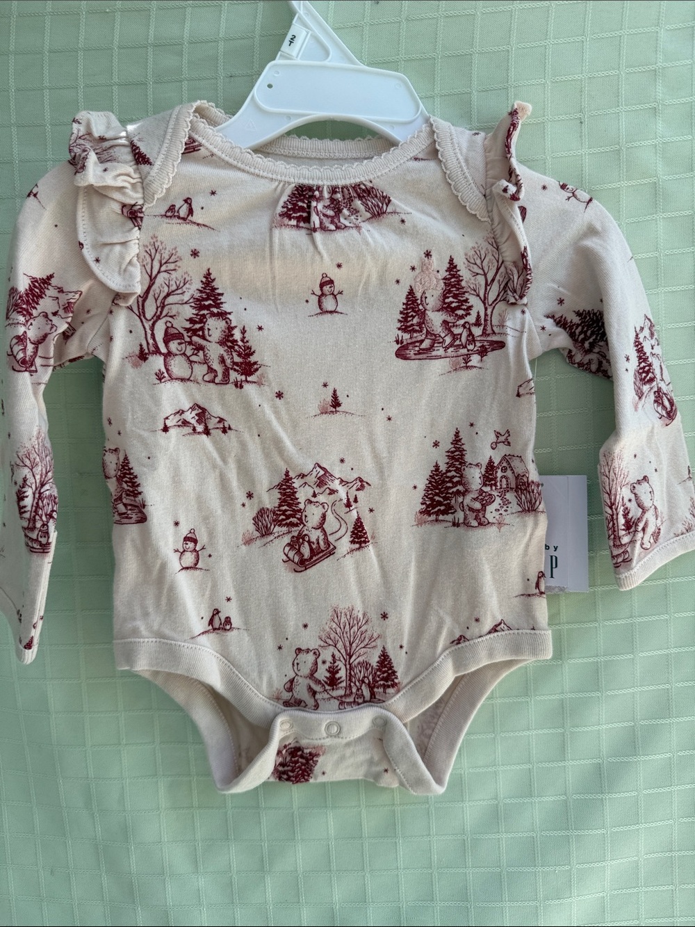 New baby Gap Long-Sleeve Cream Baby One-Piece with Burgundy Woodland Print